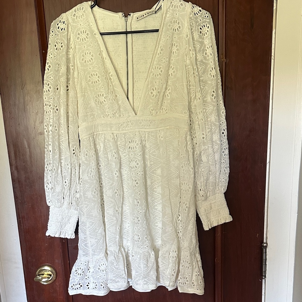 Alice + Olivia Ivory Eyelet Lace Long Sleeve Mini Dress